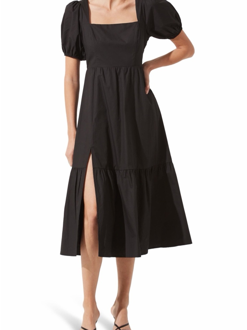 Astr Black Square-Neck Puff-Sleeve Midi Dress with Front Slit and Tiered Skirt